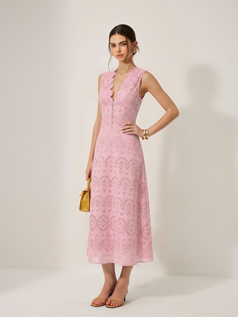 CoMMENSE Cotton Sleeveless Embroidered Eyelet Dress with Deep V Neck Small NWT